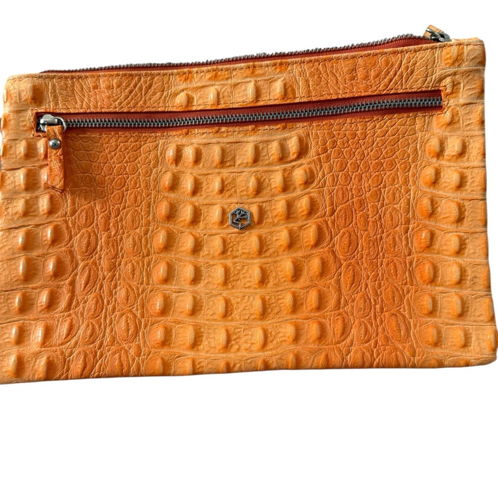VALENTINA Tangerine Orange Crocodile Embossed Leather Zip Clutch. New! - Picture 11 of 11